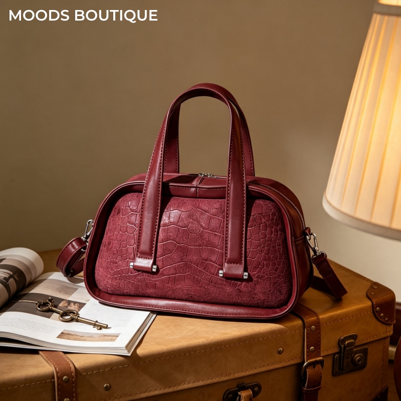Luxury Bags Consignment - Retro Crocodile Textured Mini Boston Handbags