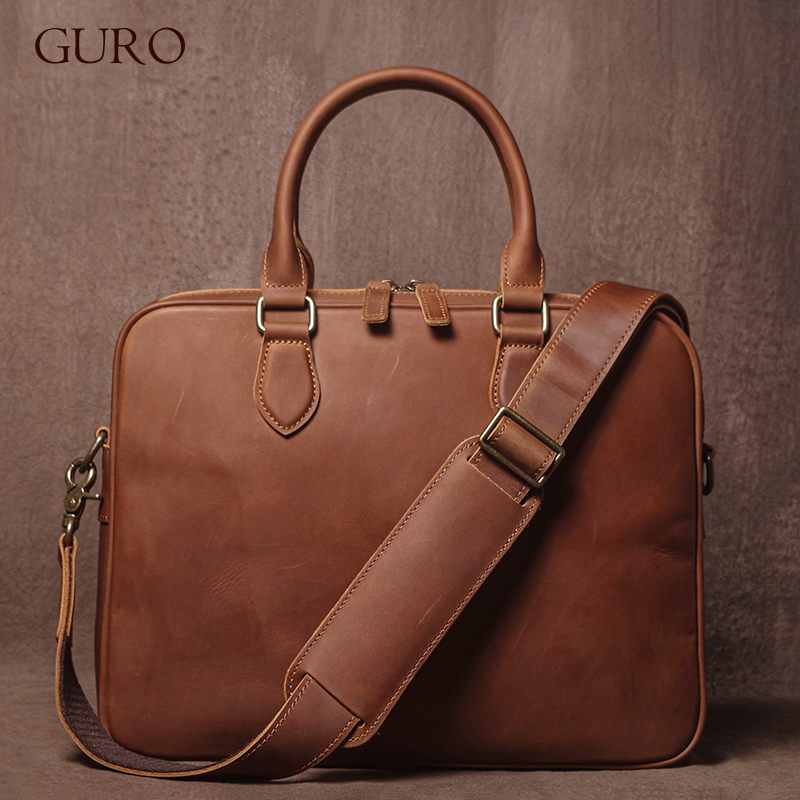 Luxury Bags For Laptop - GURO Men Crazy Horse Cowhide Briefcase